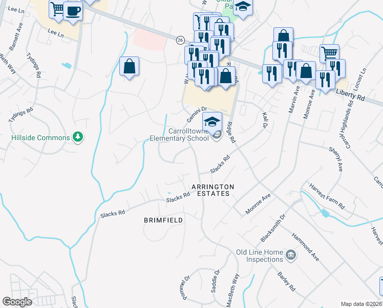 map of restaurants, bars, coffee shops, grocery stores, and more near 6560 Macbeth Way in Sykesville