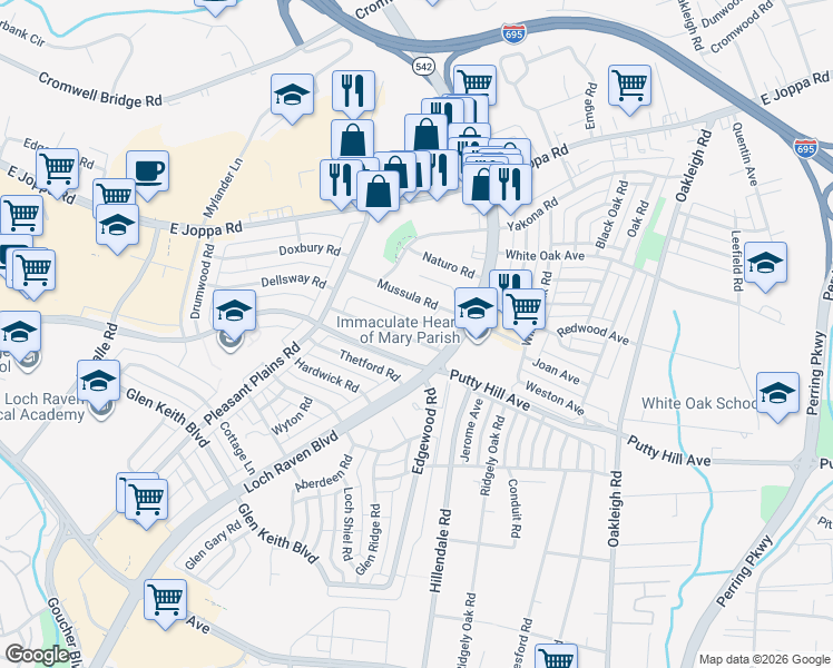 map of restaurants, bars, coffee shops, grocery stores, and more near 1664 Myamby Road in Towson