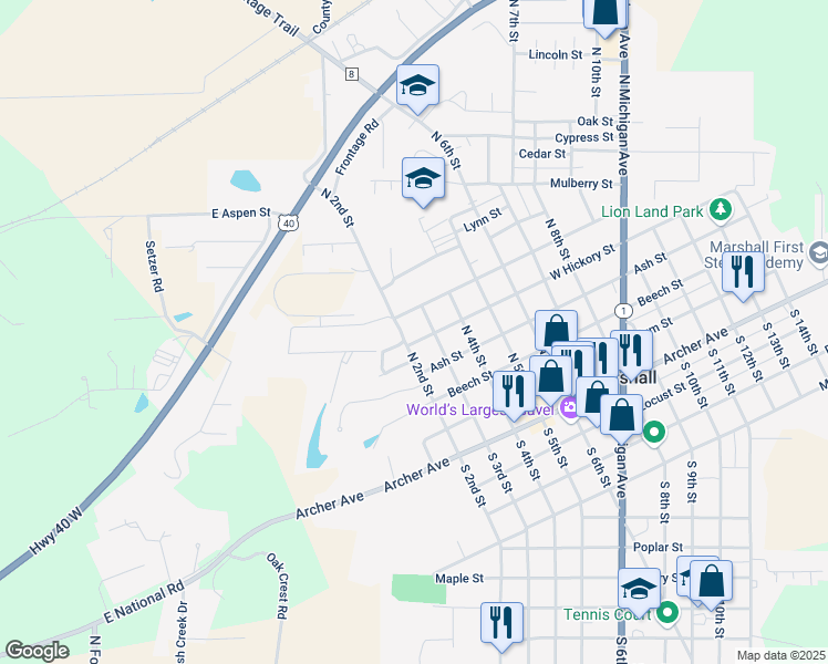 map of restaurants, bars, coffee shops, grocery stores, and more near 201-299 Spruce Street in Marshall