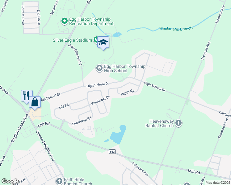 map of restaurants, bars, coffee shops, grocery stores, and more near 41 Poppy Road in Egg Harbor Township