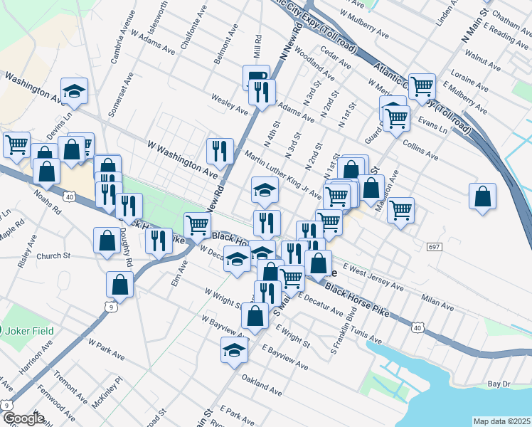 map of restaurants, bars, coffee shops, grocery stores, and more near 225 West Washington Avenue in Pleasantville