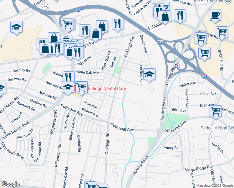 map of restaurants, bars, coffee shops, grocery stores, and more near 8505 Oakleigh Road in Parkville