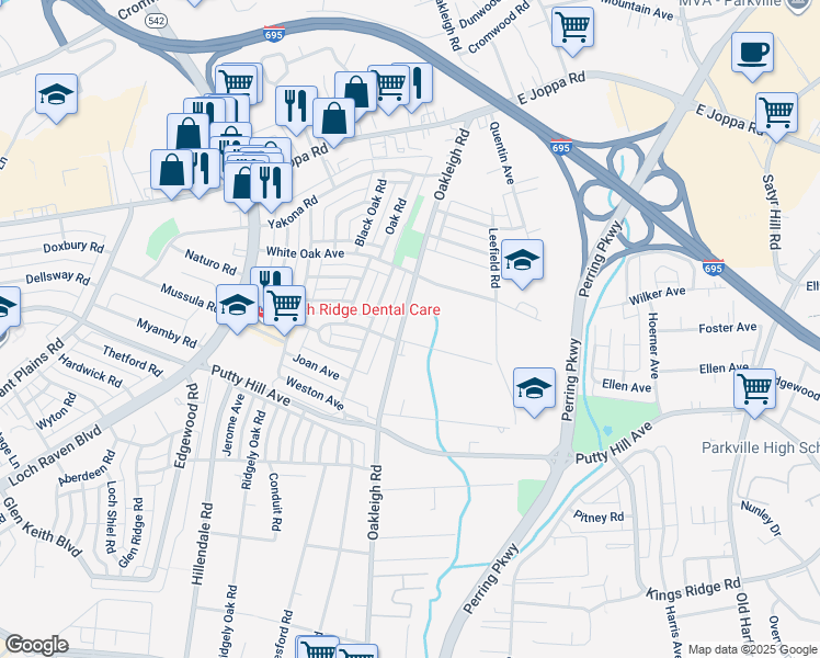 map of restaurants, bars, coffee shops, grocery stores, and more near 8505 Oakleigh Road in Parkville