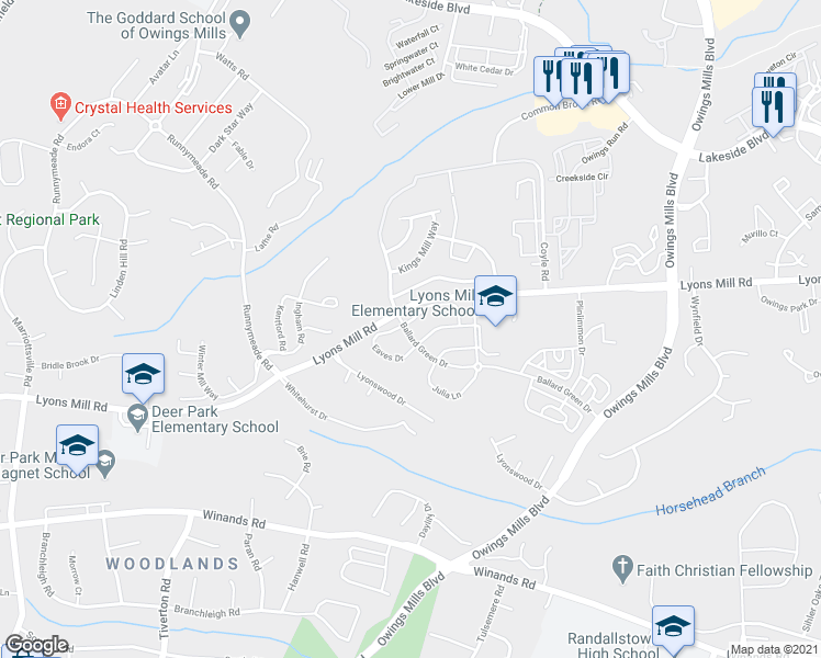 map of restaurants, bars, coffee shops, grocery stores, and more near 9549 Elizabeth Howe Lane in Owings Mills
