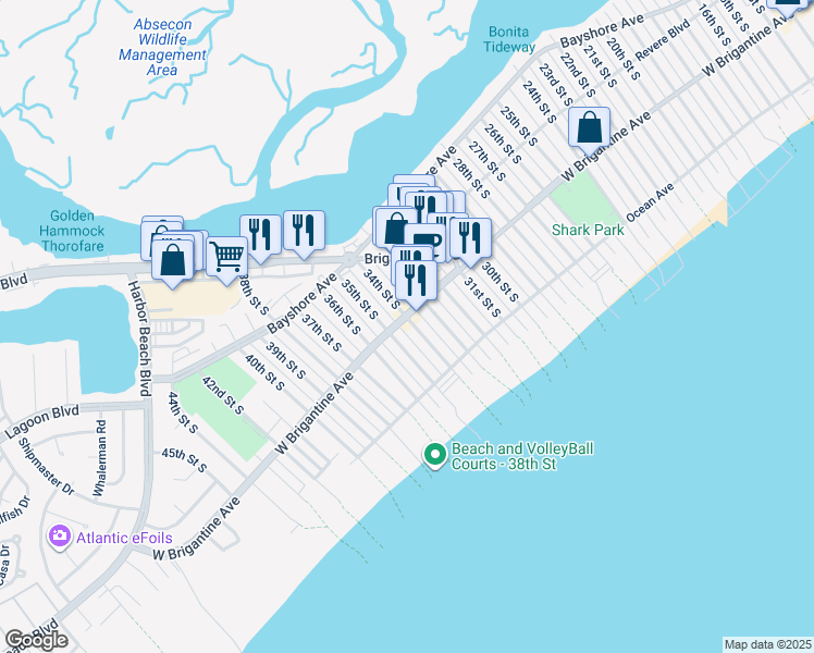 map of restaurants, bars, coffee shops, grocery stores, and more near 3400 West Brigantine Avenue in Brigantine
