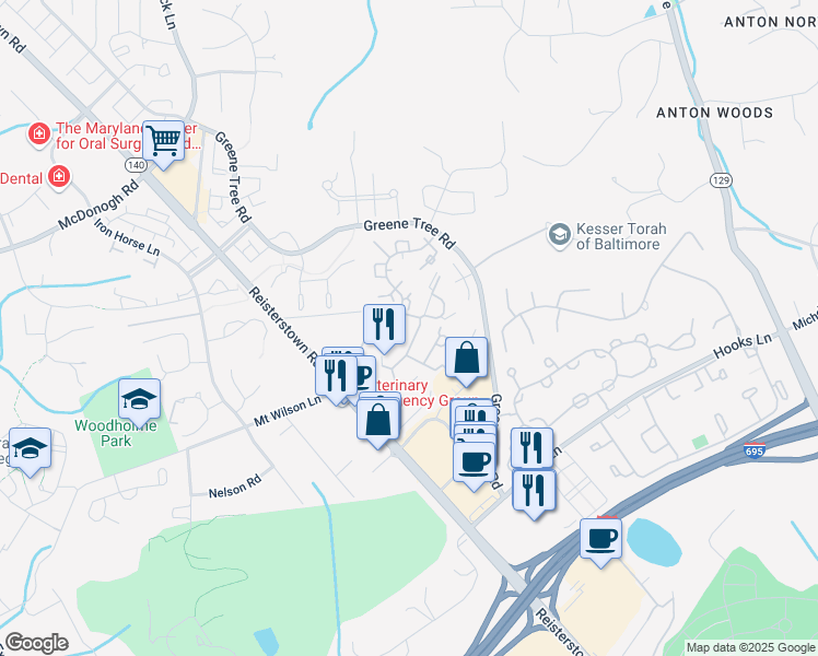map of restaurants, bars, coffee shops, grocery stores, and more near 118 Old Plantation Way in Pikesville