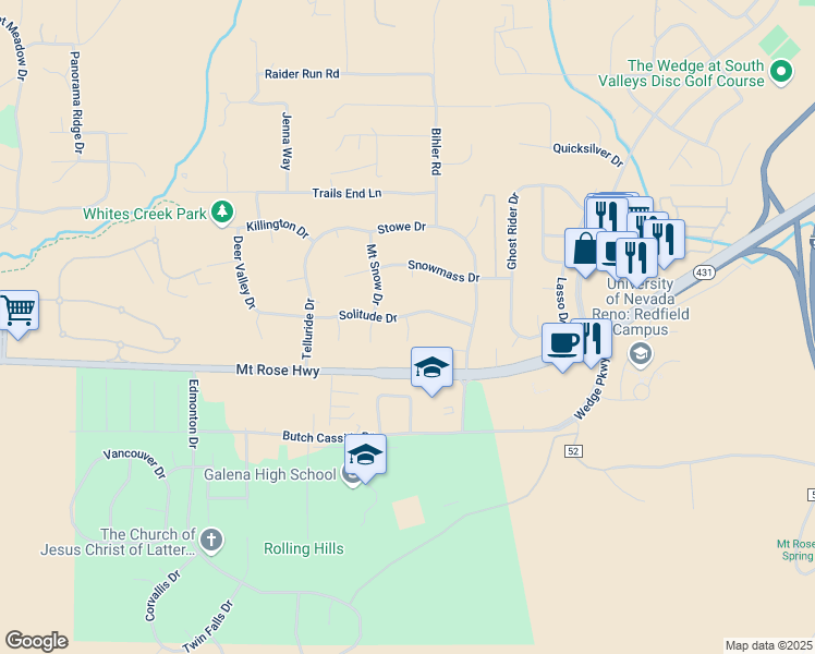 map of restaurants, bars, coffee shops, grocery stores, and more near 401 Solitude Court in Reno