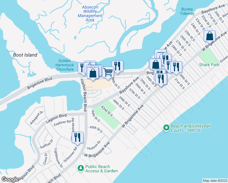map of restaurants, bars, coffee shops, grocery stores, and more near 183 40th Street South in Brigantine
