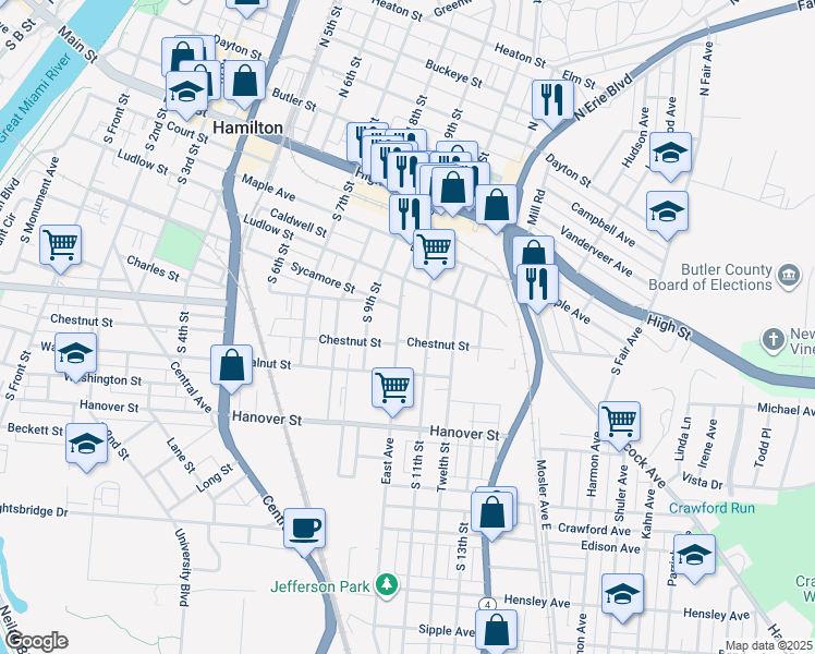 map of restaurants, bars, coffee shops, grocery stores, and more near 335 South 11th Street in Hamilton