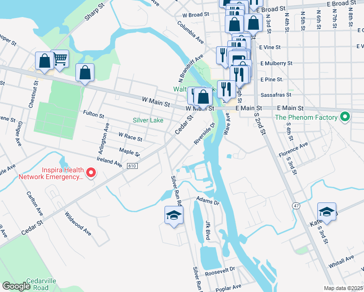 map of restaurants, bars, coffee shops, grocery stores, and more near 103 Middle Avenue in Millville