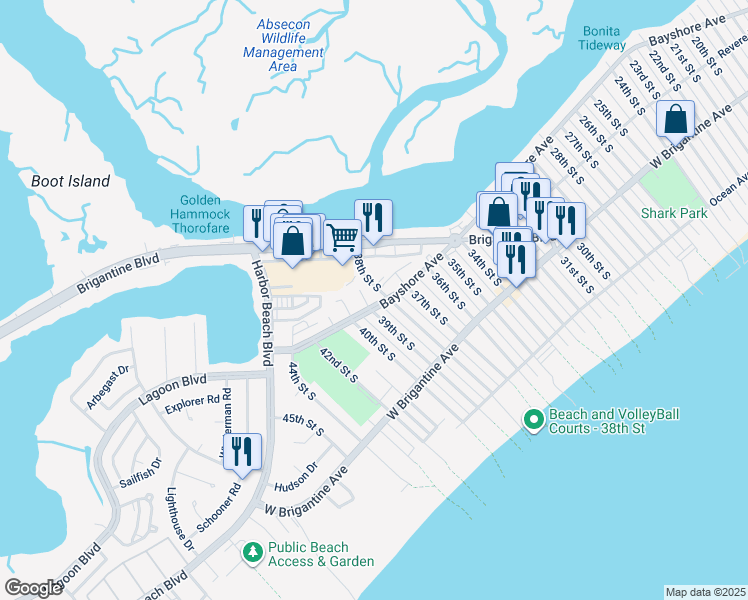 map of restaurants, bars, coffee shops, grocery stores, and more near 190 40th Street South in Brigantine