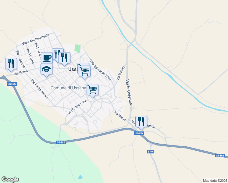 map of restaurants, bars, coffee shops, grocery stores, and more near 6 Via Padre Serri in Ussana
