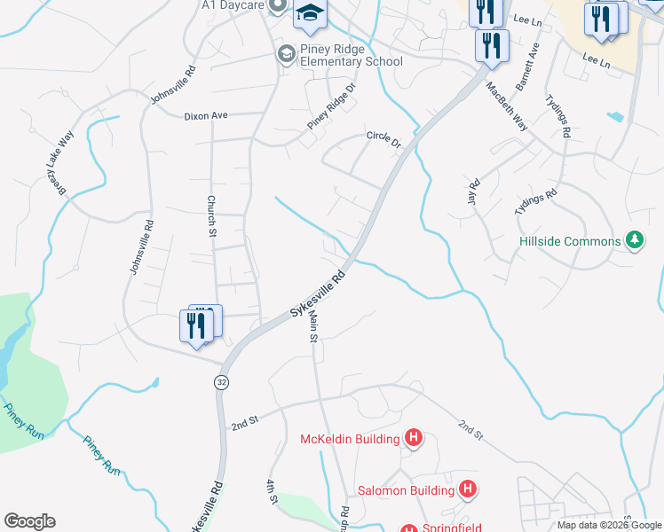 map of restaurants, bars, coffee shops, grocery stores, and more near 6634 Sykesville Road in Sykesville