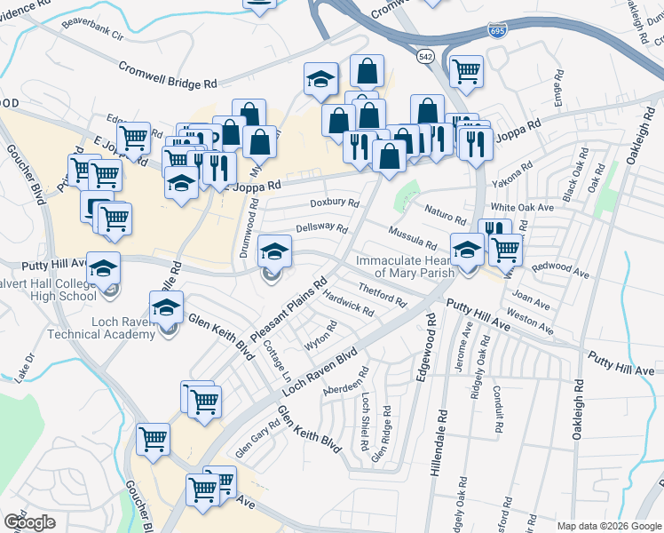 map of restaurants, bars, coffee shops, grocery stores, and more near 8440 Pleasant Plains Road in Towson