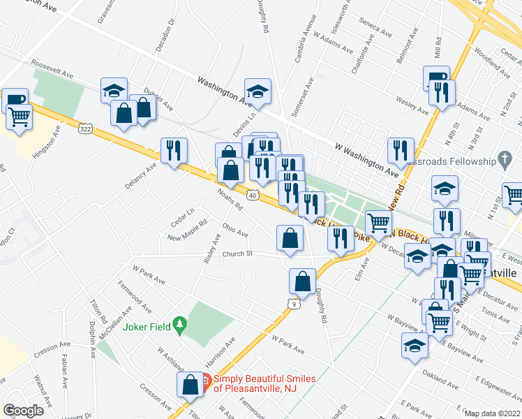 map of restaurants, bars, coffee shops, grocery stores, and more near 701 East Black Horse Pike in Pleasantville