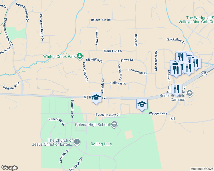 map of restaurants, bars, coffee shops, grocery stores, and more near 2390 Solitude Drive in Reno