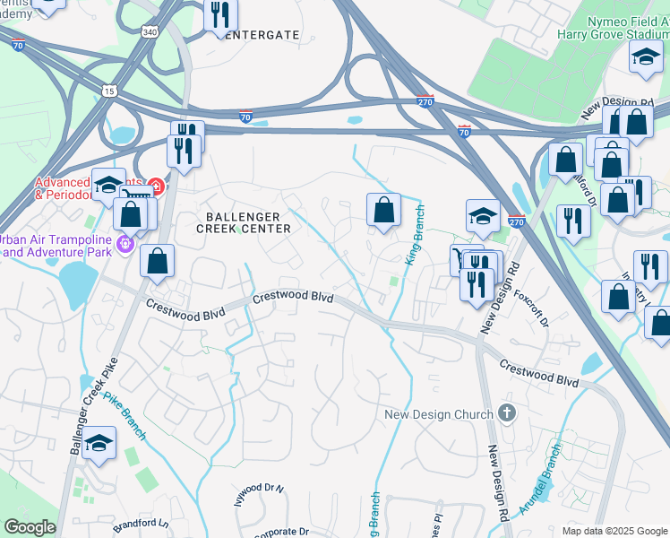 map of restaurants, bars, coffee shops, grocery stores, and more near 6831 Acacia Court in Frederick