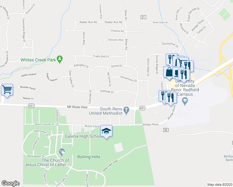 map of restaurants, bars, coffee shops, grocery stores, and more near 401 Solitude Court in Reno