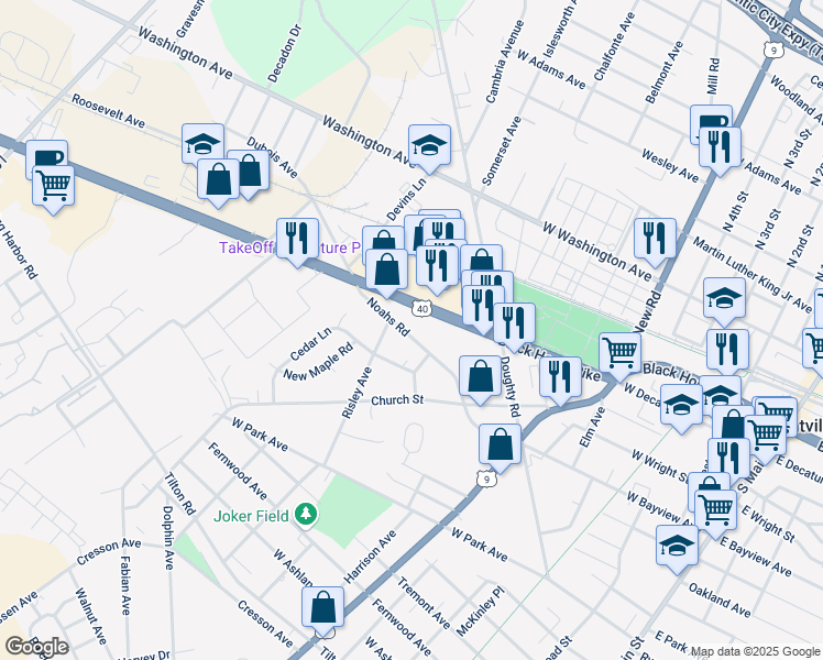 map of restaurants, bars, coffee shops, grocery stores, and more near 701 East Black Horse Pike in Pleasantville