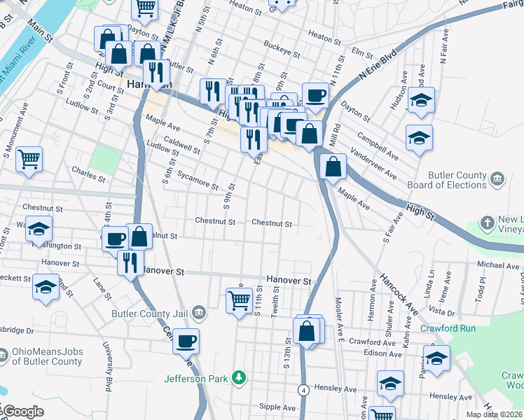 map of restaurants, bars, coffee shops, grocery stores, and more near 335 South 11th Street in Hamilton