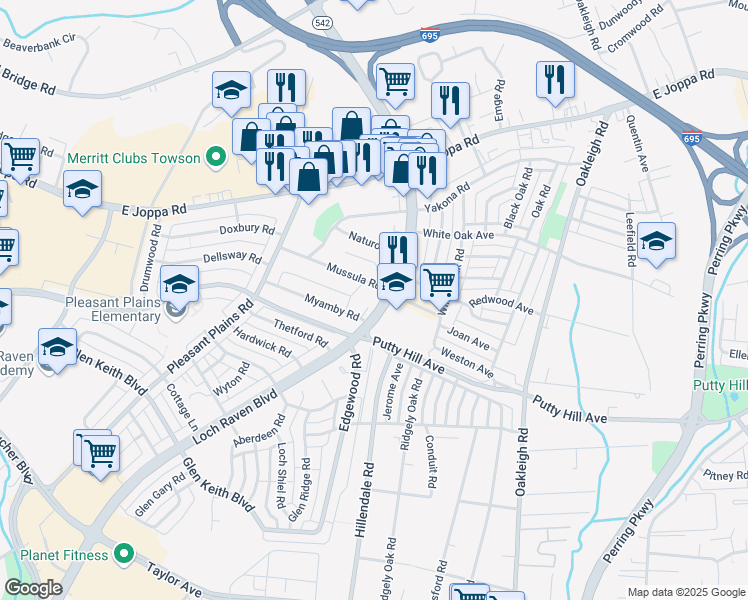 map of restaurants, bars, coffee shops, grocery stores, and more near 8504 Loch Raven Boulevard in Towson