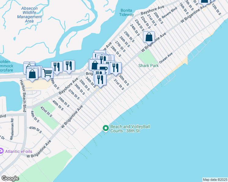 map of restaurants, bars, coffee shops, grocery stores, and more near 340 32nd Street South in Brigantine