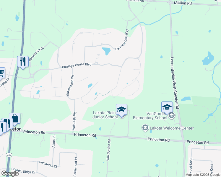 map of restaurants, bars, coffee shops, grocery stores, and more near 6385 Coach House Way in Butler County