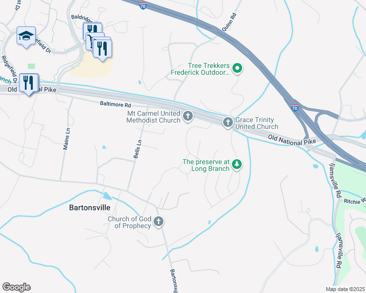 map of restaurants, bars, coffee shops, grocery stores, and more near 5814 Winding Ridge Way in Frederick