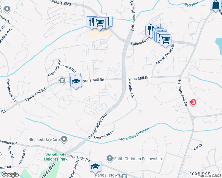 map of restaurants, bars, coffee shops, grocery stores, and more near 9311 Seney Lane in Owings Mills