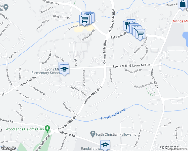map of restaurants, bars, coffee shops, grocery stores, and more near 9311 Seney Lane in Owings Mills