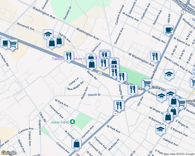 map of restaurants, bars, coffee shops, grocery stores, and more near 701 East Black Horse Pike in Pleasantville