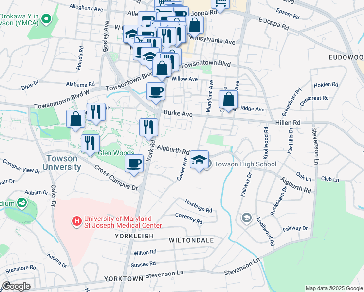 map of restaurants, bars, coffee shops, grocery stores, and more near 15 Aigburth Road in Towson