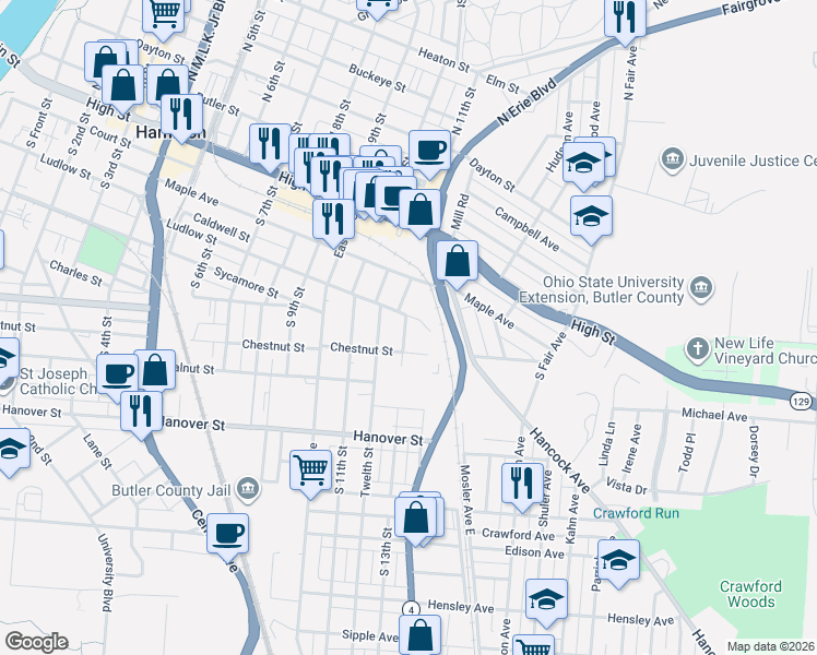 map of restaurants, bars, coffee shops, grocery stores, and more near 1307 Ludlow Street in Hamilton