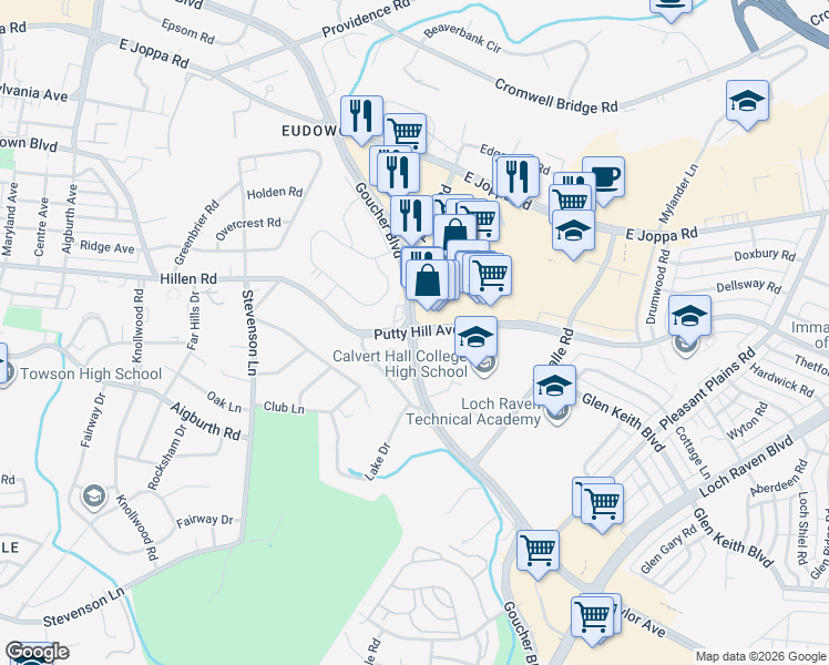 map of restaurants, bars, coffee shops, grocery stores, and more near Putty Hill Avenue & Goucher Boulevard in Towson