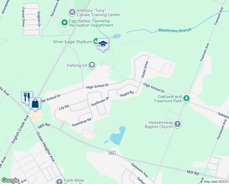 map of restaurants, bars, coffee shops, grocery stores, and more near 41 Poppy Road in Egg Harbor Township