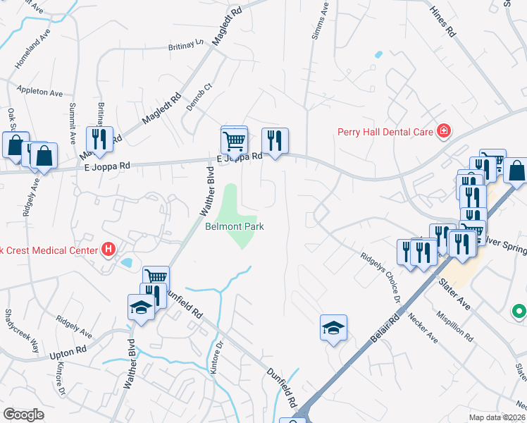 map of restaurants, bars, coffee shops, grocery stores, and more near 8861 Paddock Lane in Baltimore