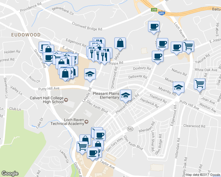 map of restaurants, bars, coffee shops, grocery stores, and more near 8506 Drumwood Road in Towson