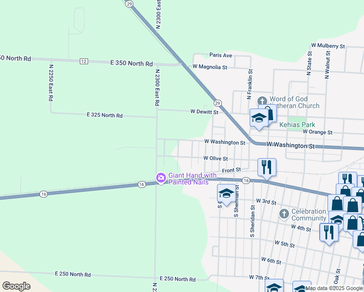 map of restaurants, bars, coffee shops, grocery stores, and more near 805 West Washington Street in Pana