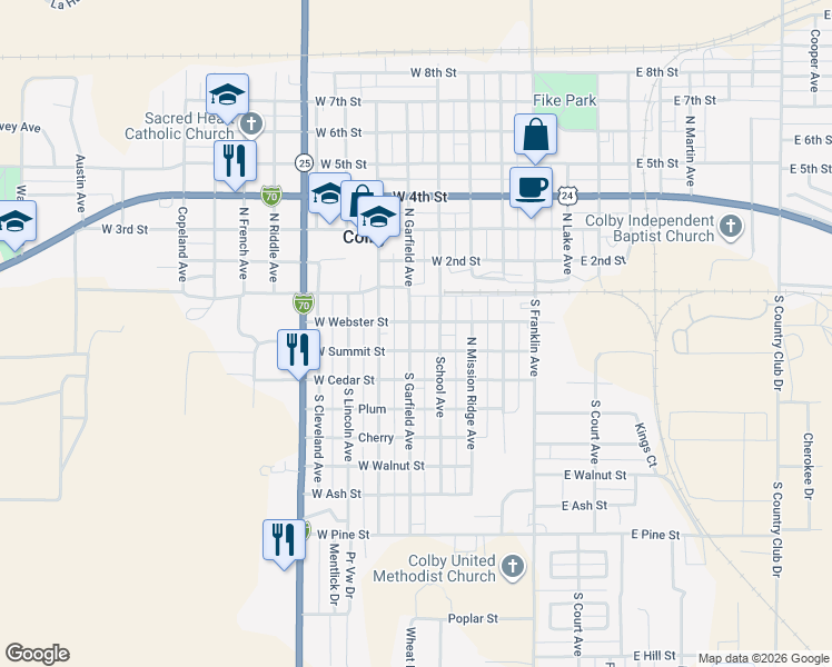 map of restaurants, bars, coffee shops, grocery stores, and more near 201-299 South Garfield Avenue in Colby