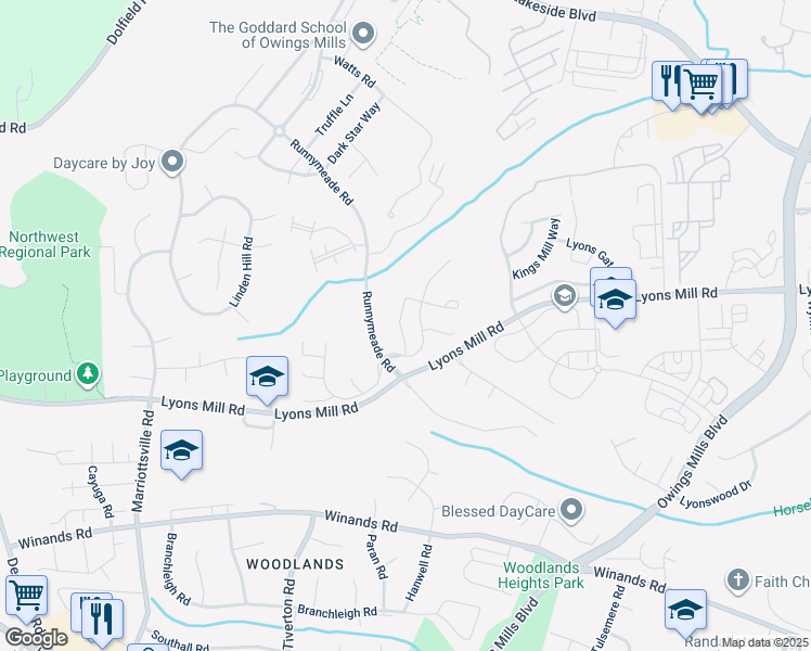 map of restaurants, bars, coffee shops, grocery stores, and more near 4423 Kentford Road in Owings Mills