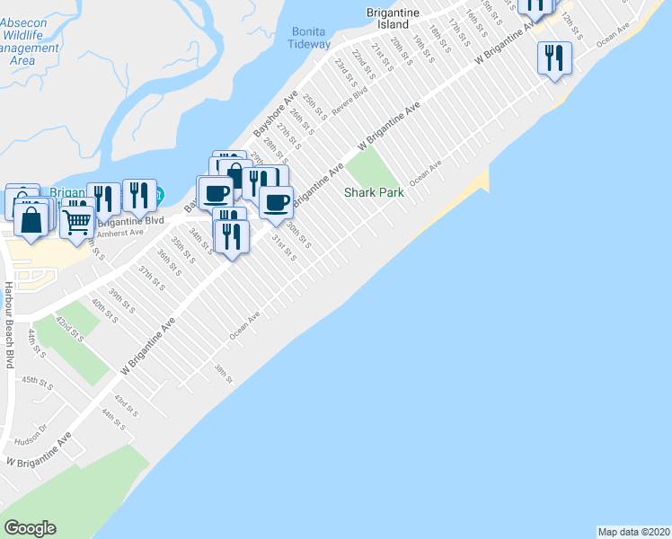 map of restaurants, bars, coffee shops, grocery stores, and more near 405 30th Street South in Brigantine