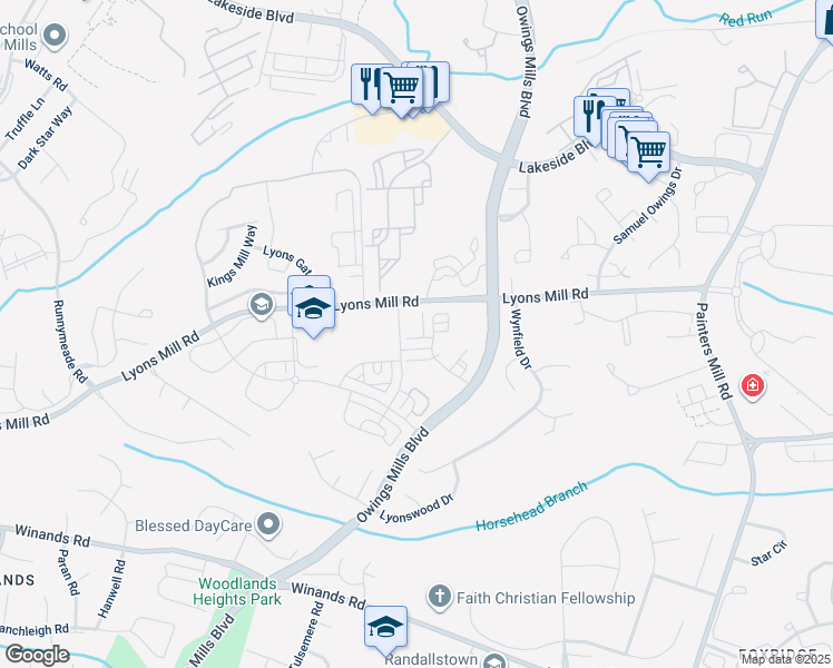 map of restaurants, bars, coffee shops, grocery stores, and more near 9436 Davy Lane in Owings Mills