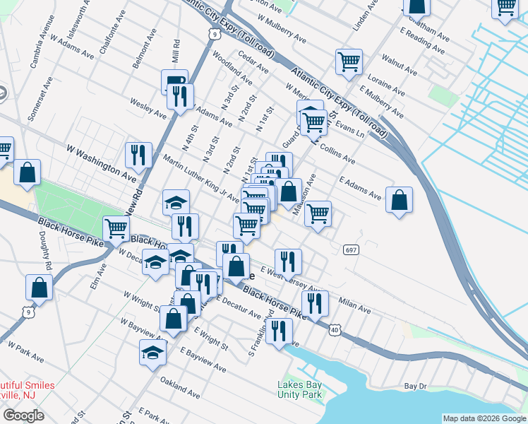map of restaurants, bars, coffee shops, grocery stores, and more near 53A North Main Street in Pleasantville