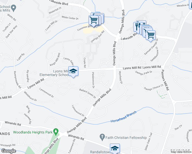 map of restaurants, bars, coffee shops, grocery stores, and more near 9436 Davy Lane in Owings Mills