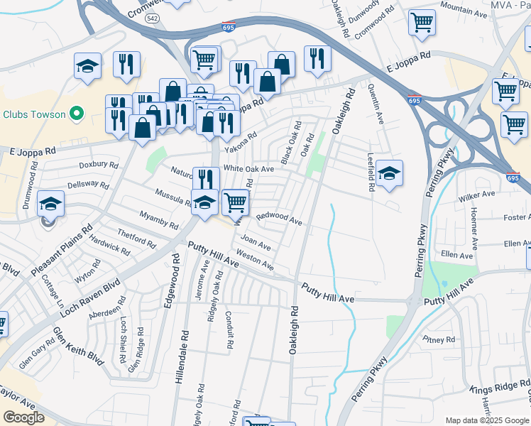 map of restaurants, bars, coffee shops, grocery stores, and more near 1714 Redwood Avenue in Parkville