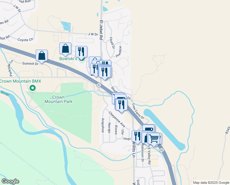 map of restaurants, bars, coffee shops, grocery stores, and more near 200 Shadowrock Dr in Basalt