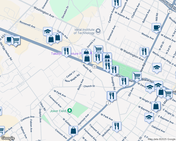 map of restaurants, bars, coffee shops, grocery stores, and more near 733 Noahs Road in Pleasantville
