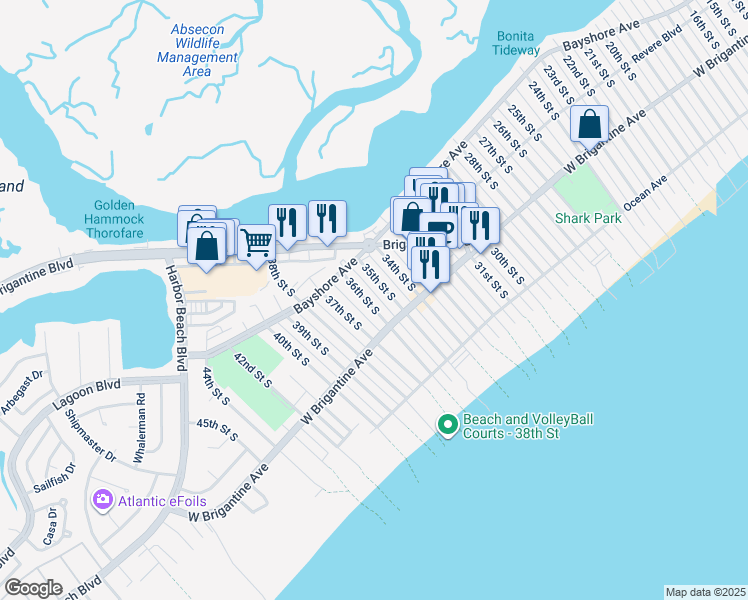 map of restaurants, bars, coffee shops, grocery stores, and more near 239 36th Street South in Brigantine