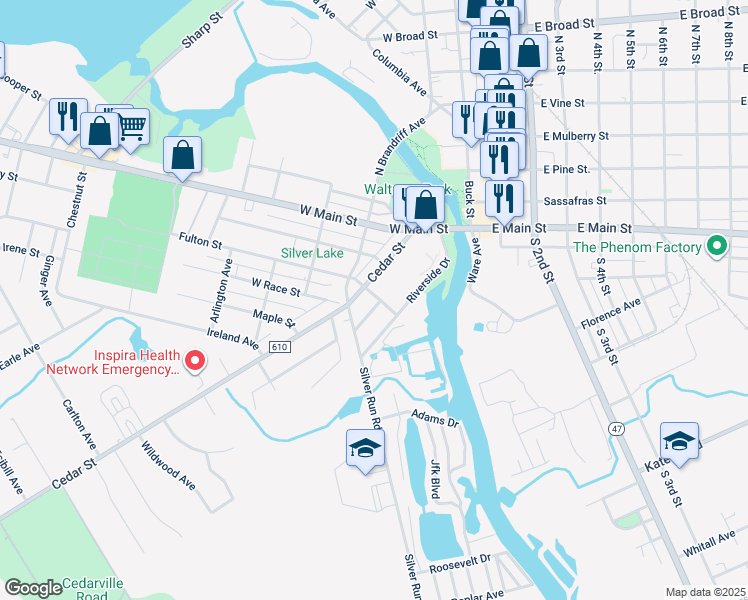 map of restaurants, bars, coffee shops, grocery stores, and more near 103 Middle Avenue in Millville