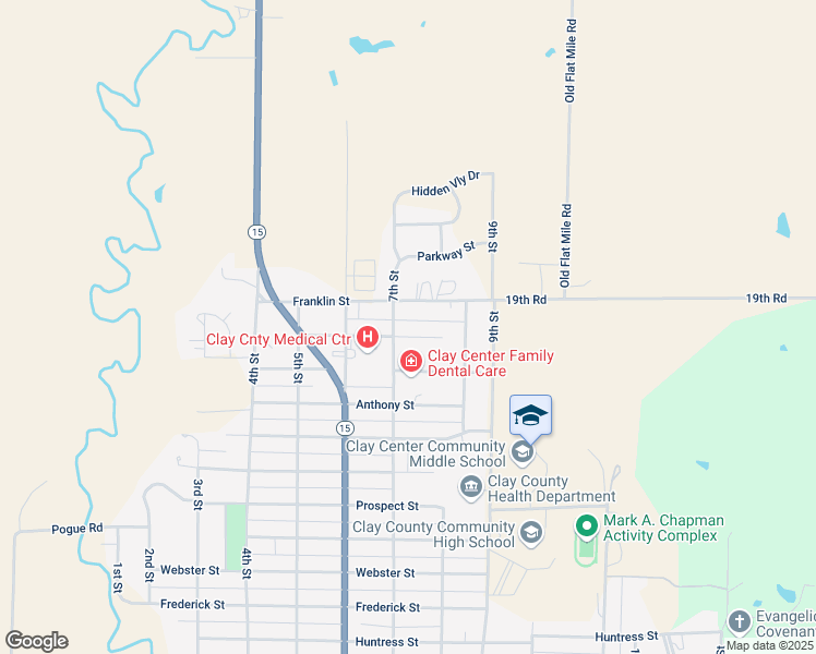 map of restaurants, bars, coffee shops, grocery stores, and more near 701-799 Lafayette Street in Clay Center